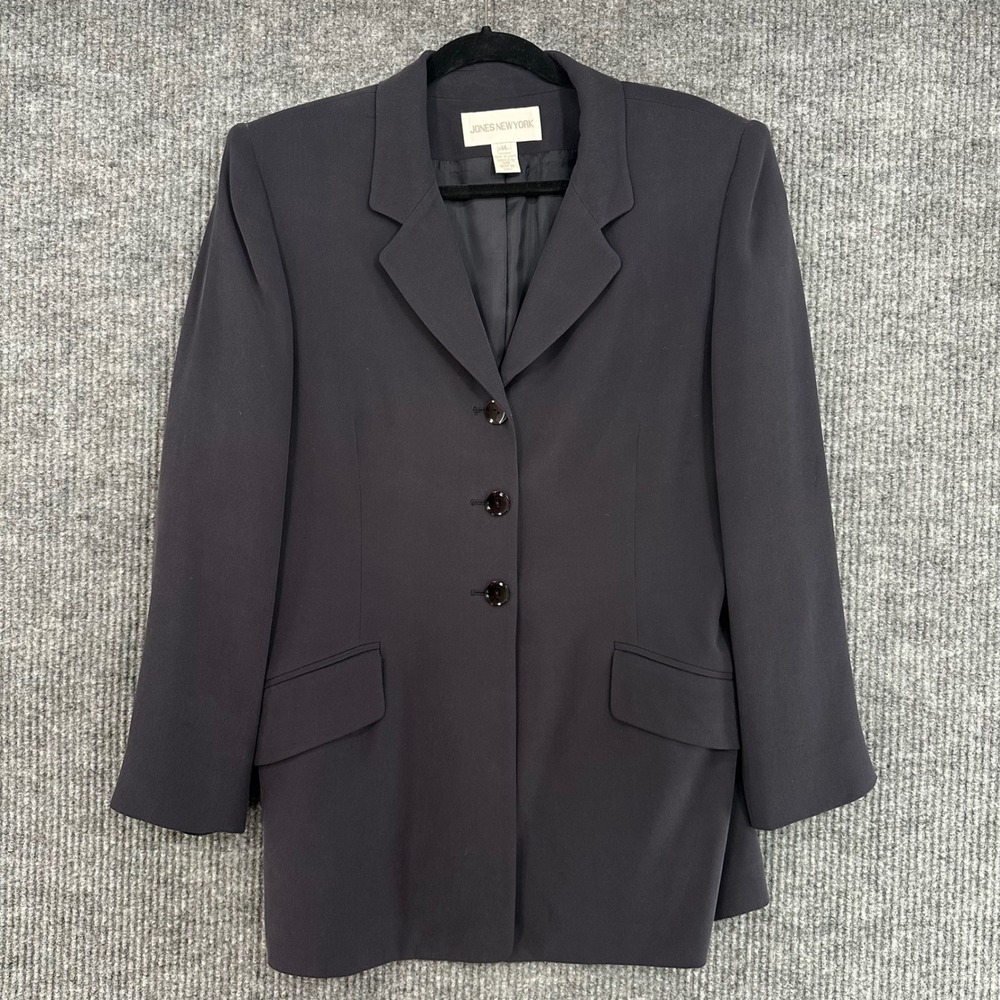 Jones New York Blazer Womens 14 Black Excellent 100% Silk 3-Button Professional
